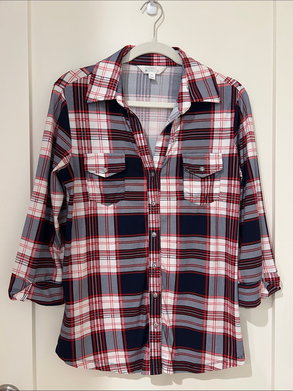 Button Down 3/4 Length Sleeve, Navy and Red Plaid